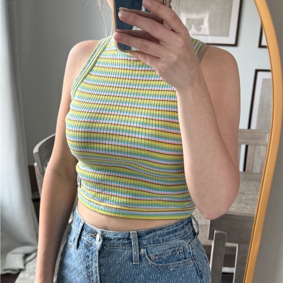 Versace JC Candy Striped Cotton Multicolor Y2K Style Ribbed Mock Sleeveless Top - Picture 10 of 12